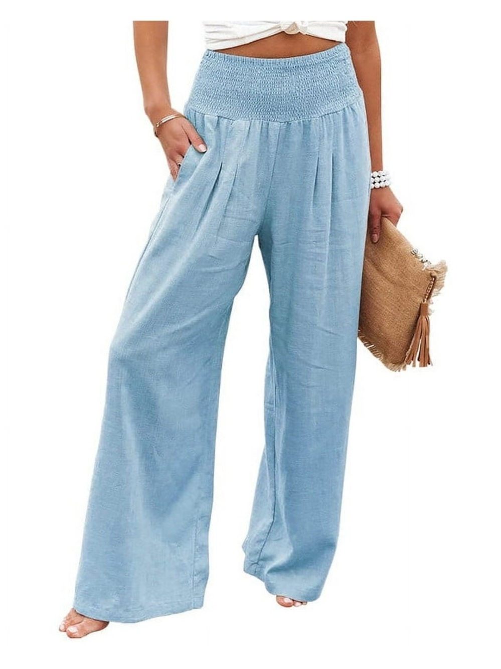 Chou Yatou Blue Smocked Waist Wide Leg Pants